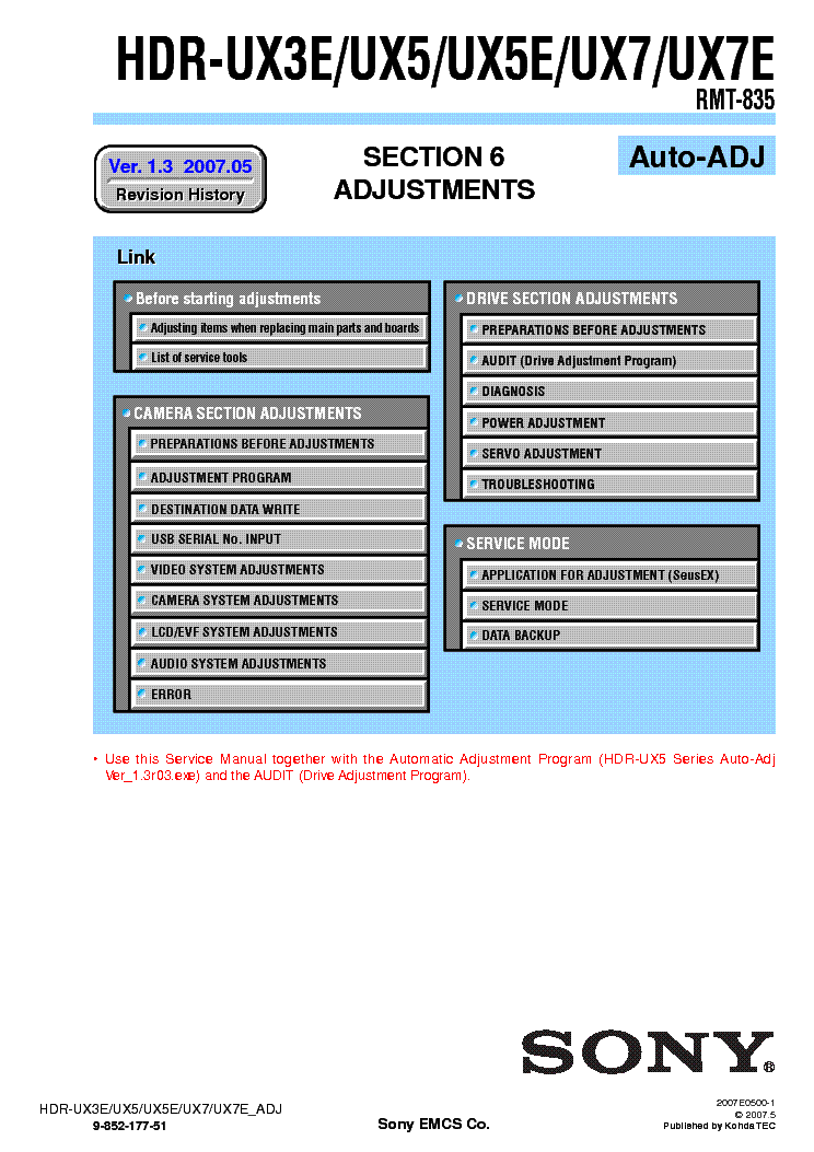 SONY HDR-UX3 UX5 UX7 ADJUSTMENT VER1.3 service manual