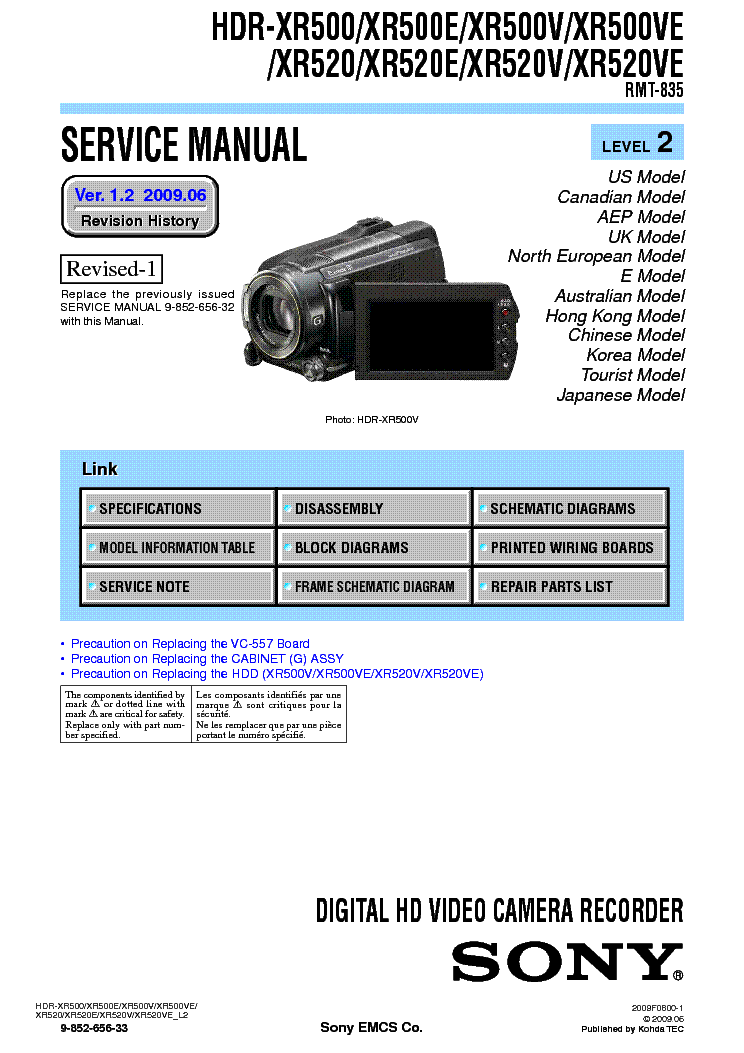 Sony HDR-XR520VE - Fiche technique 