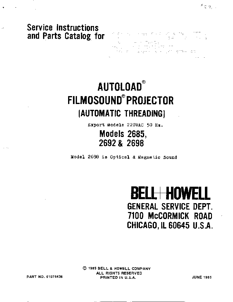 BELL HOWELL 2685 2692 2698 service manual (1st page)