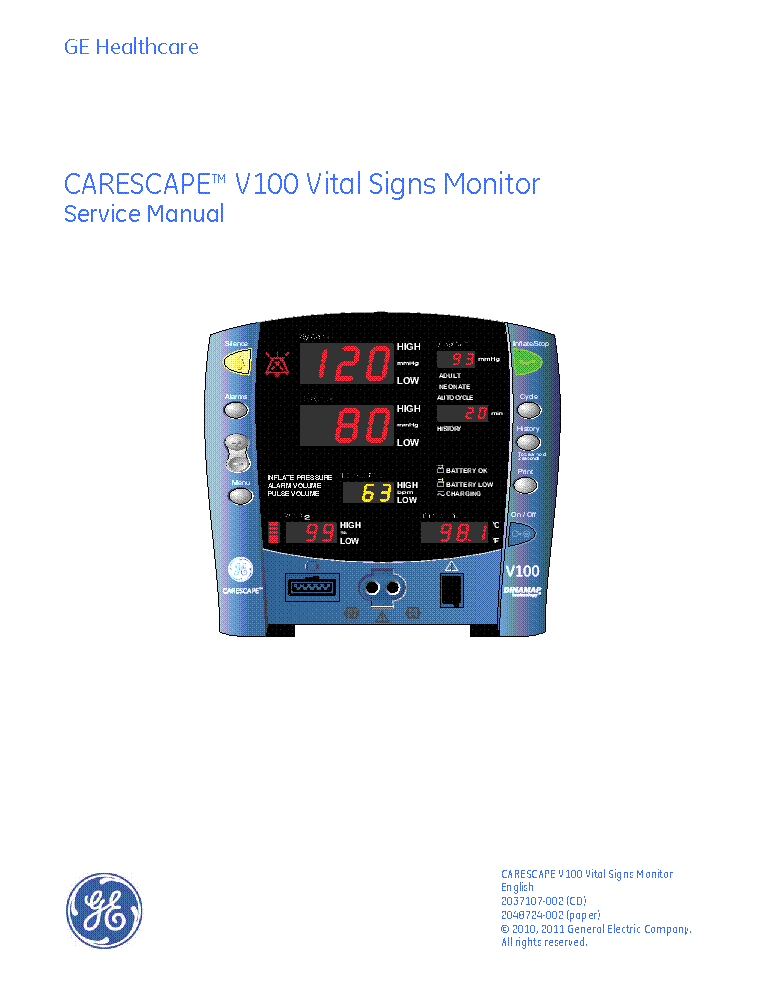 GE CARESCAPE V100 SM service manual (1st page)