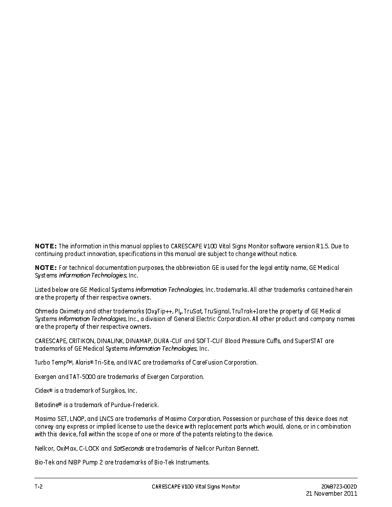 GE CARESCAPE V100 SM service manual (2nd page)