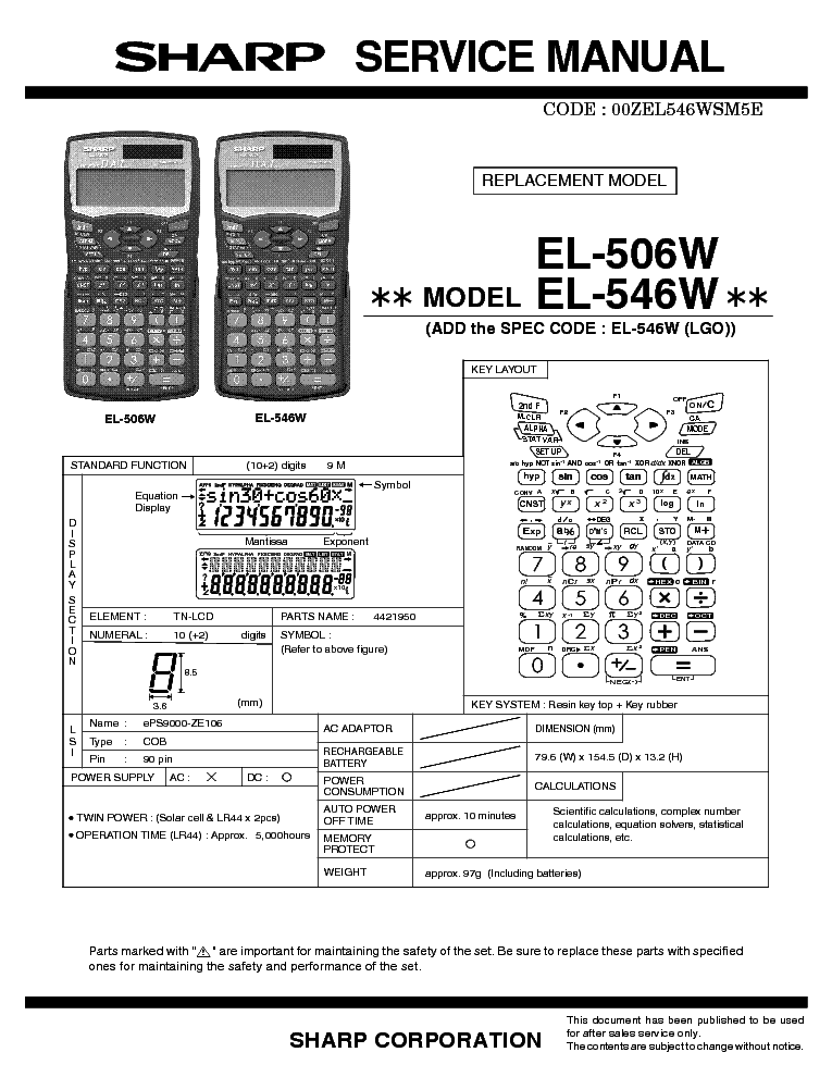 SHARP EL-506W EL-546W Service Manual download, schematics, eeprom, repair  info for electronics experts