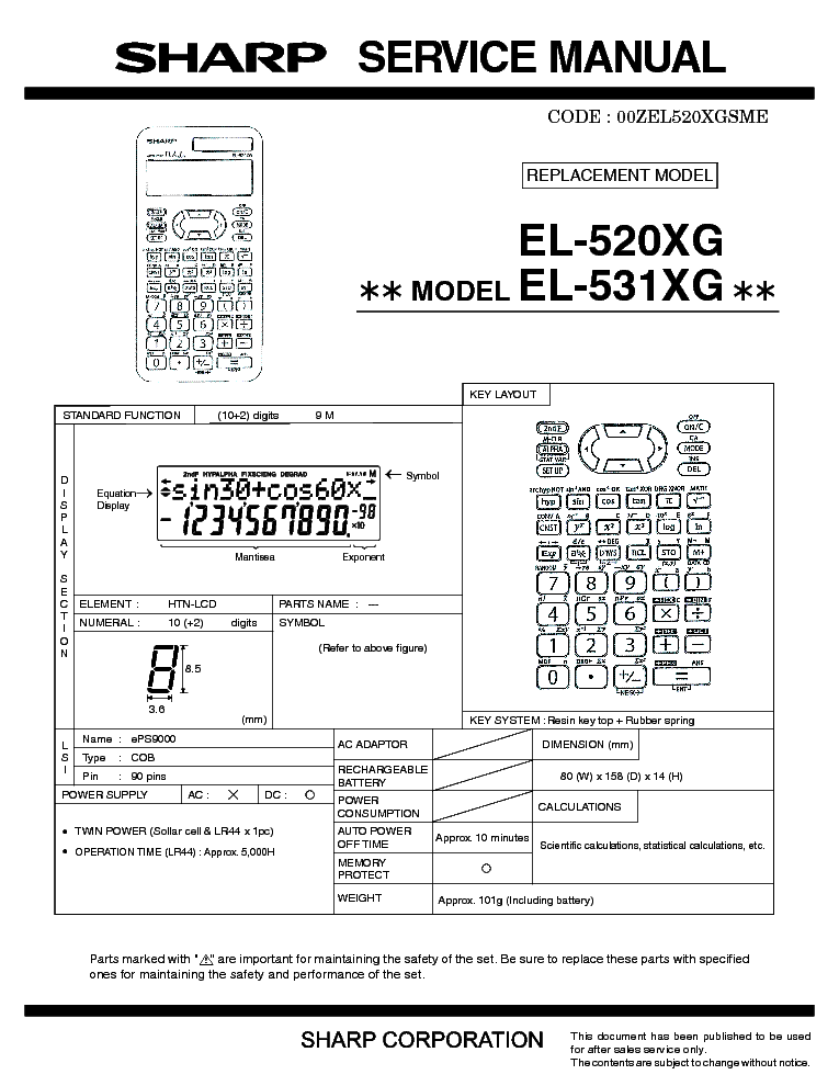 SHARP EL-520XG EL-531XG Service Manual download, schematics, eeprom