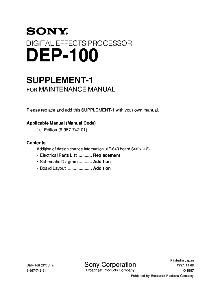 SONY DEP-100 SUPPLEMENT-1 service manual (1st page)