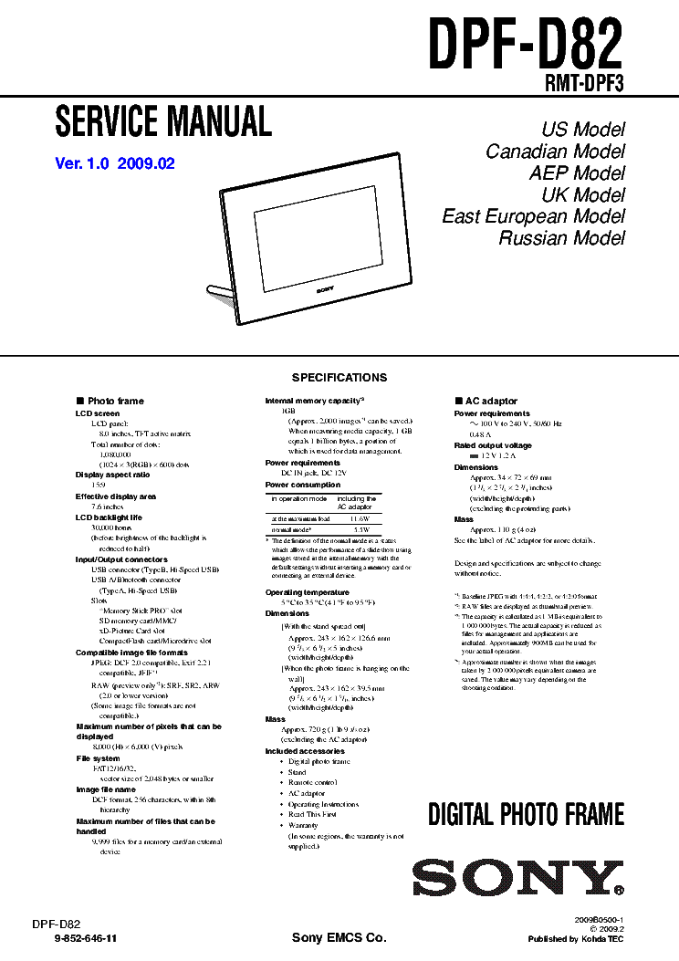 SONY DPF-D82 VER.1.0 DIGITAL PHOTO FRAME SM service manual (1st page)