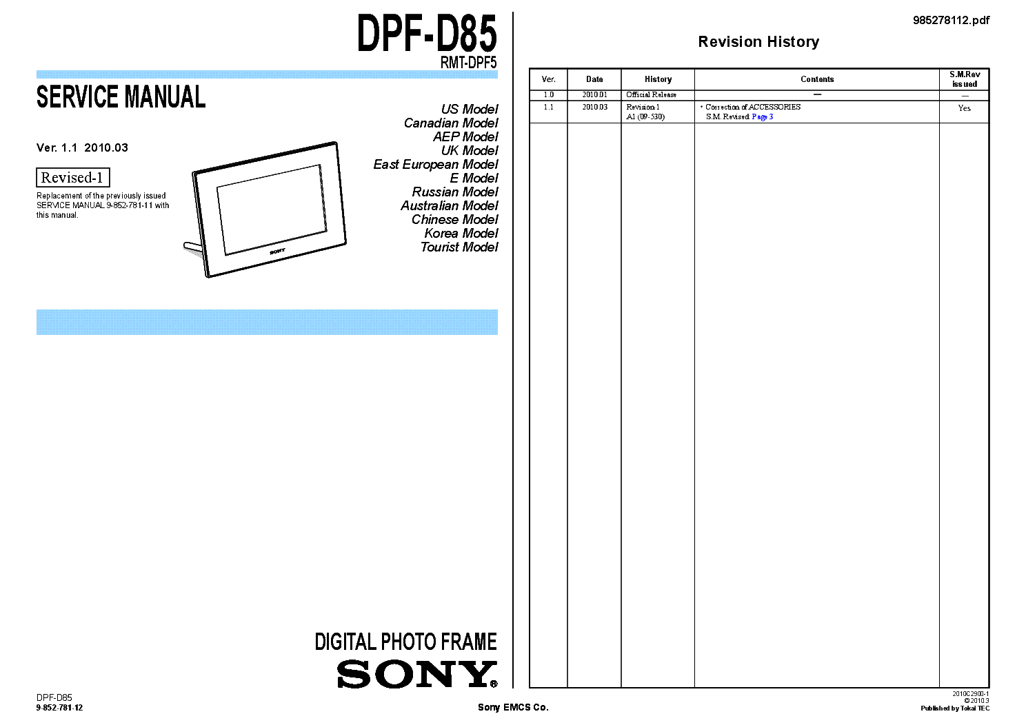 SONY DPF-D85 VER.1.1 DIGITAL PHOTO FRAME SM service manual (1st page)