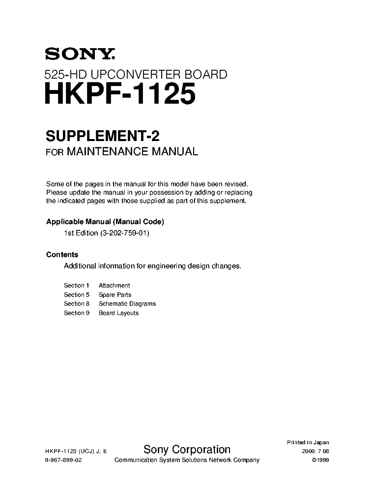 SONY HKPF-1125 MM SUPPLEMENT-2 service manual