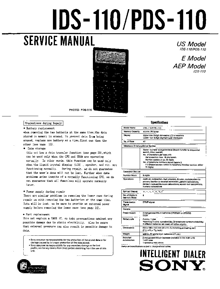 SONY IDS-110 PDS-110 INTELLIGENT DIALER CALCULATOR Service Manual