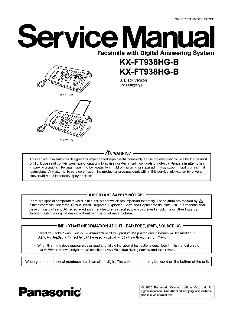 PANASONIC KX-FT936HG-B 938HG-B Service Manual Download, Schematics, Eeprom, Repair Info For ...