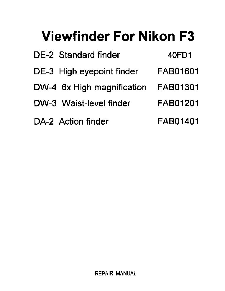 NIKON F3 DE-2 DE-3 DW-4 DW-3 DA-2 VIEWFINDER SERVICE MANUAL service manual