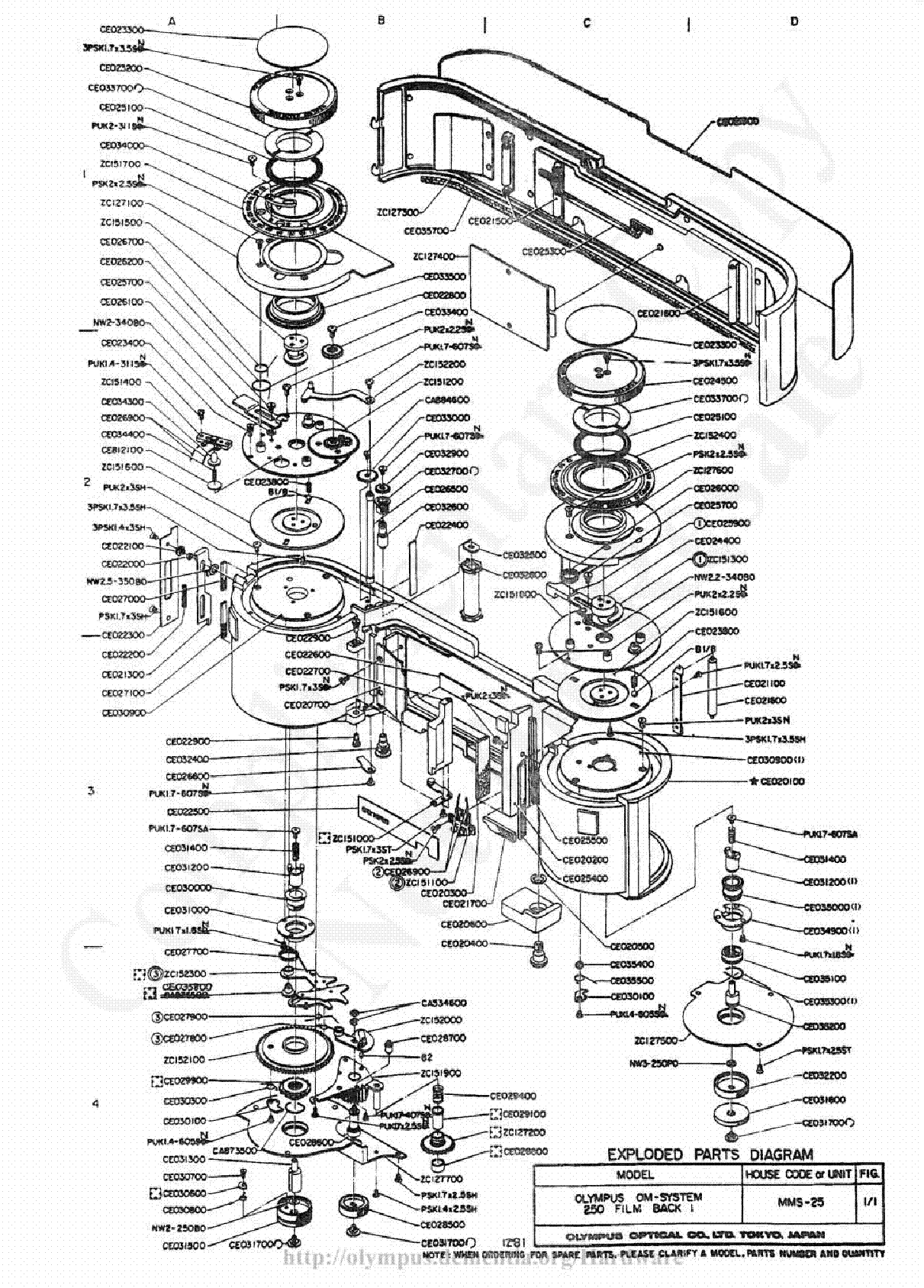 Olympus 250filmback Exploded Parts Diagram Service Manual