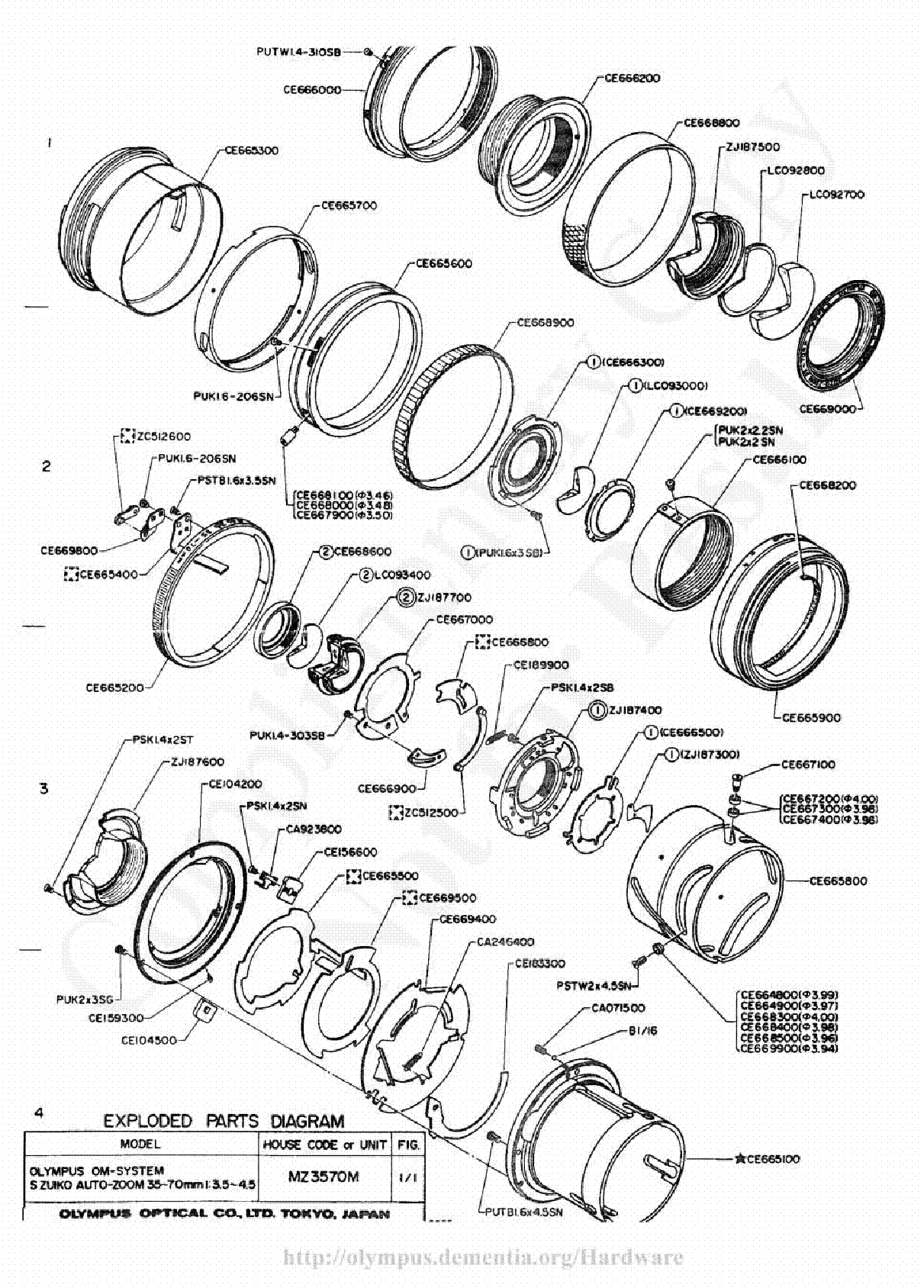 OLYMPUS 35-70MM F3.5-4.5 EXPLODED PARTS DIAGRAM service manual