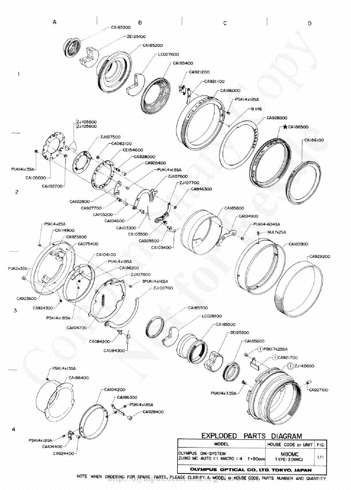 Olympus 80mm F4 Macro Exploded Parts Diagram Service