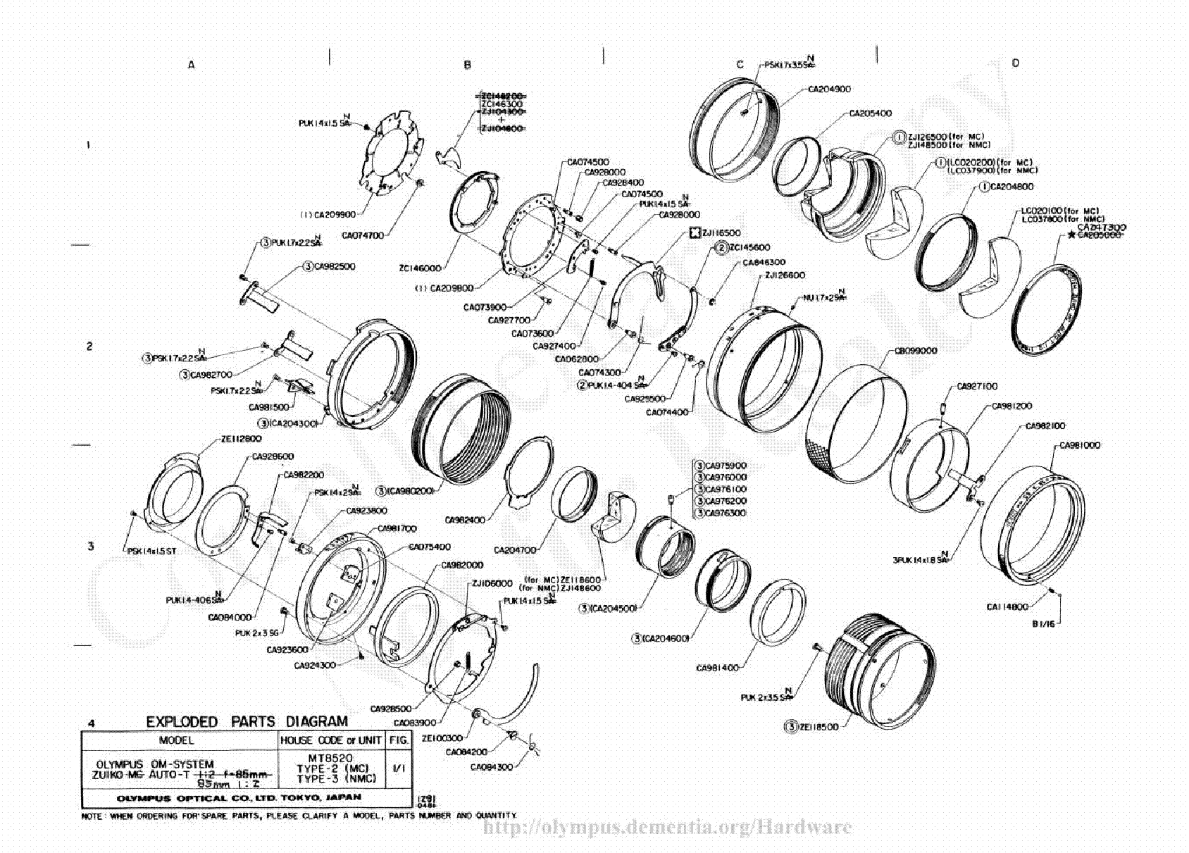 OLYMPUS 85MM F2.0 EXPLODED PARTS DIAGRAM Service Manual download