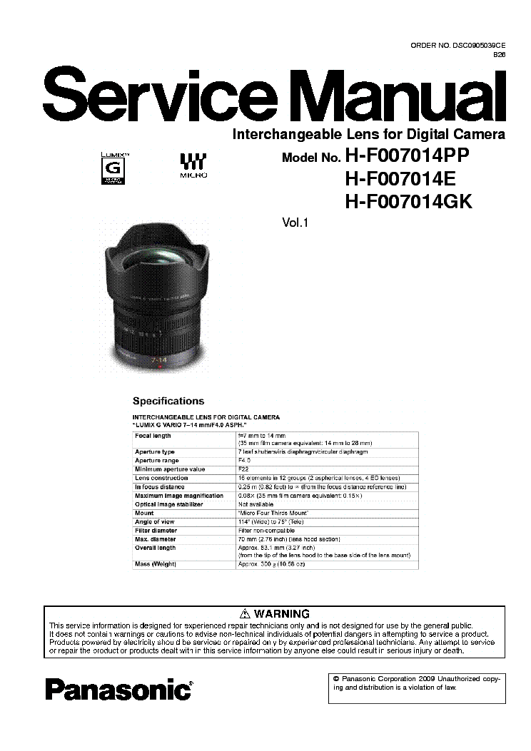 PANASONIC H-F007014-E-GK-PP CAMERA-LENS SM Service Manual download