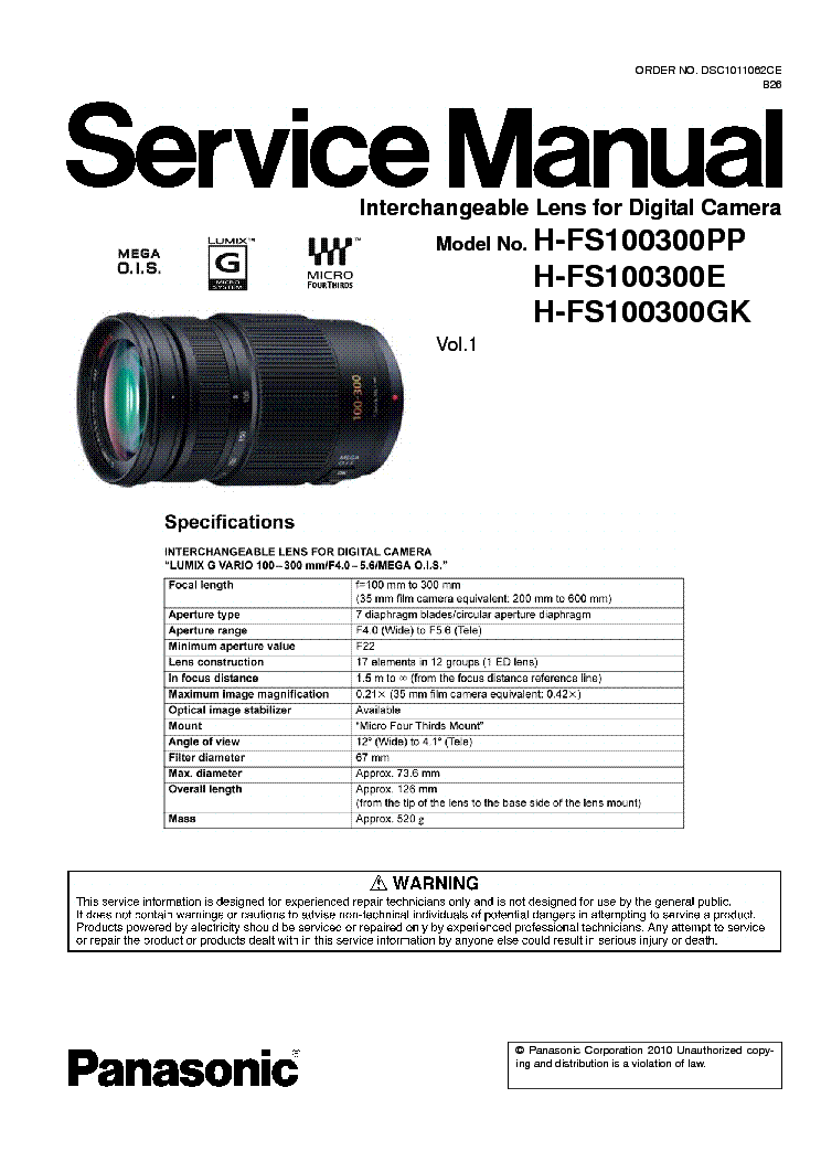 PANASONIC H-FS100300 LENS SM Service Manual download, schematics