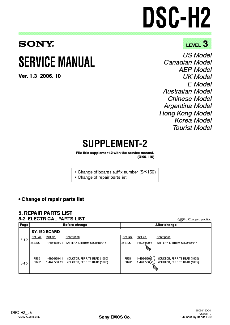 SONY DSC-H2 SUPP LEVEL3 VER1.3 service manual