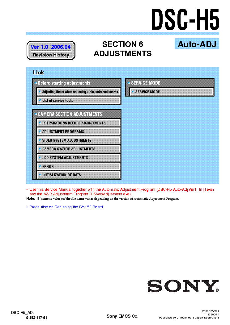 SONY DSC-H5 ADJUSTMENT VER1.0 service manual