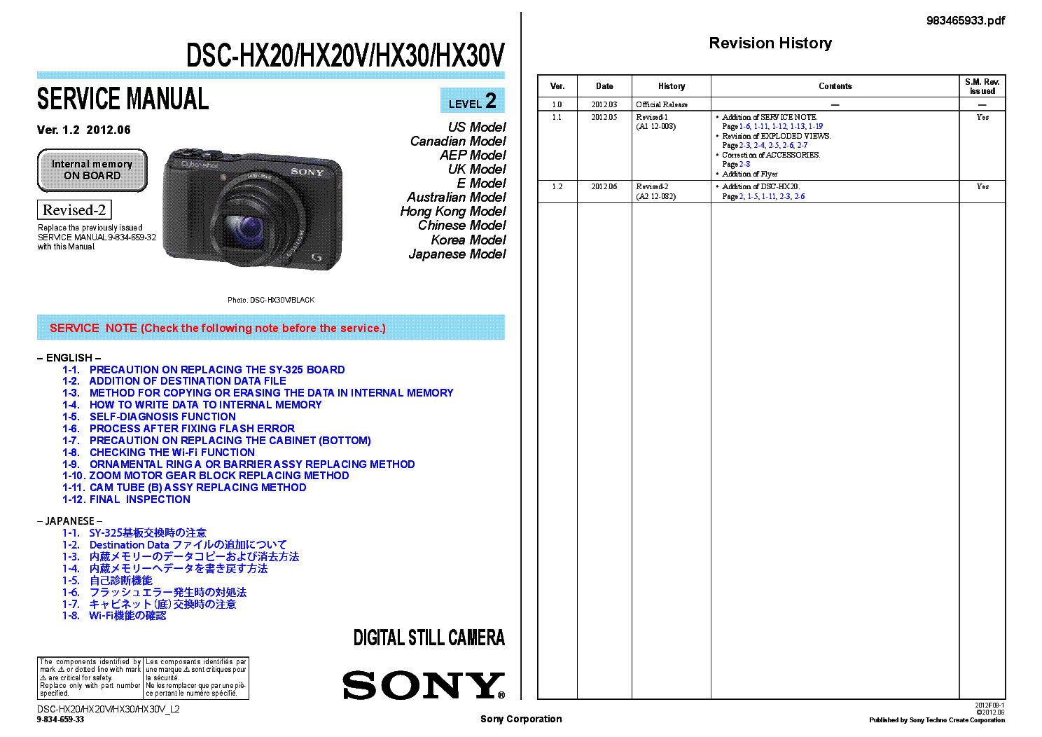 SONY DSC-HX20 HX20V DSC-HX30 HX30V VER.1.2 LEVEL2 service manual