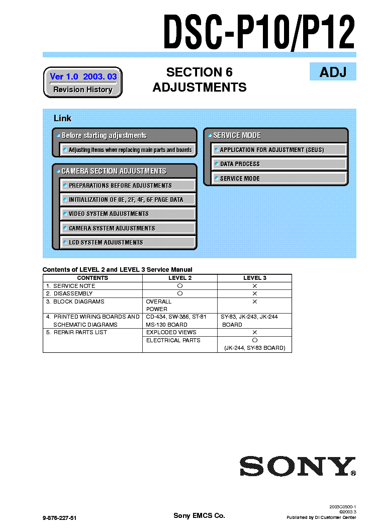 SONY DSC-P10 P12 ADJUSTMENT VER-1.0 service manual
