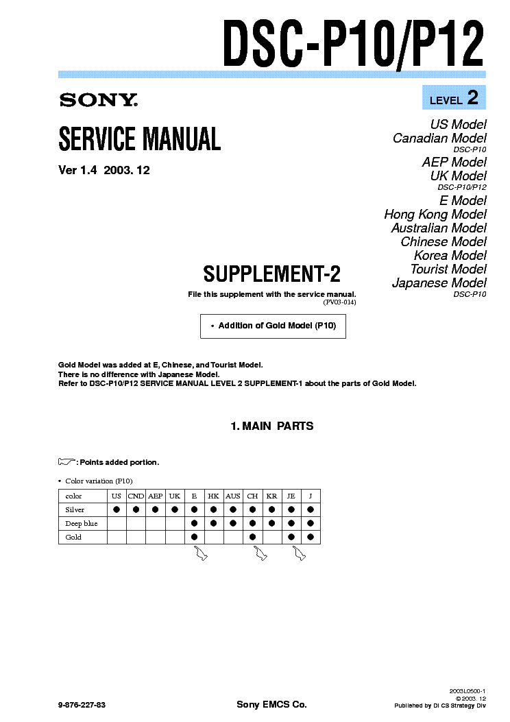 SONY DSC-P10 P12 SUPP LEVEL-2 VER-1.4 service manual