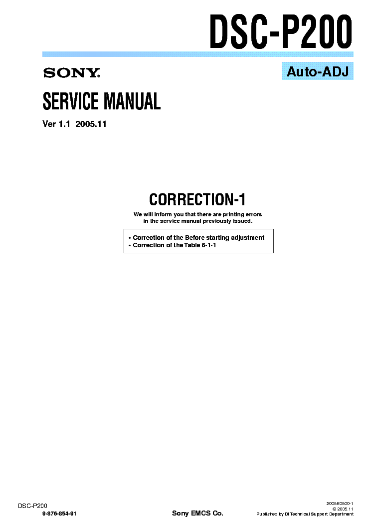 SONY DSC-P200 CORR ADJUSTMENT VER1.1 service manual (1st page)