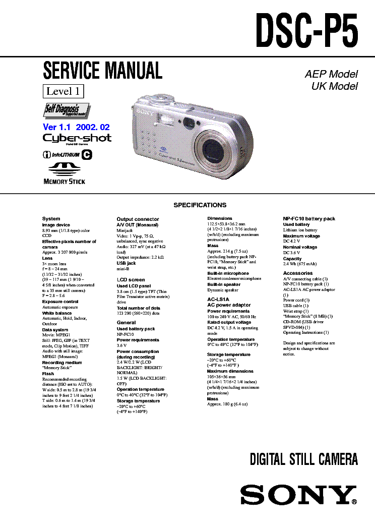SONY DSC-P5 LEVEL1 VER-1.1 service manual (1st page)