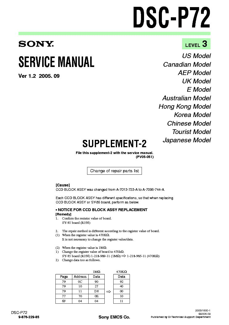 SONY DSC-P72 SUPP LEVEL-3 VER-1.2 service manual