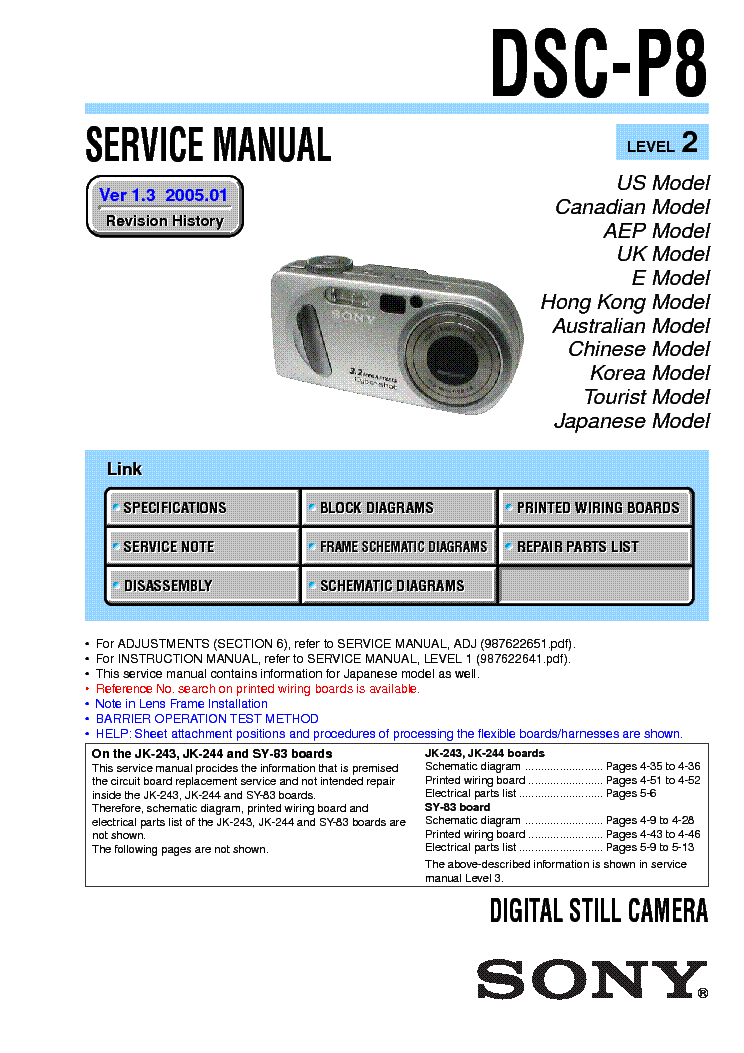 SONY DSC-P8 LEVEL-2 VER-1.3 Service Manual download, schematics