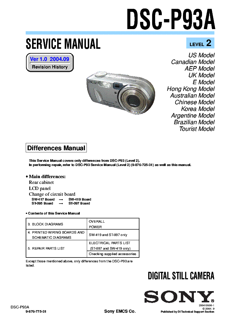 SONY DSC-P93A VER.1.0 LEVEL2 DIFFERENCES SM service manual