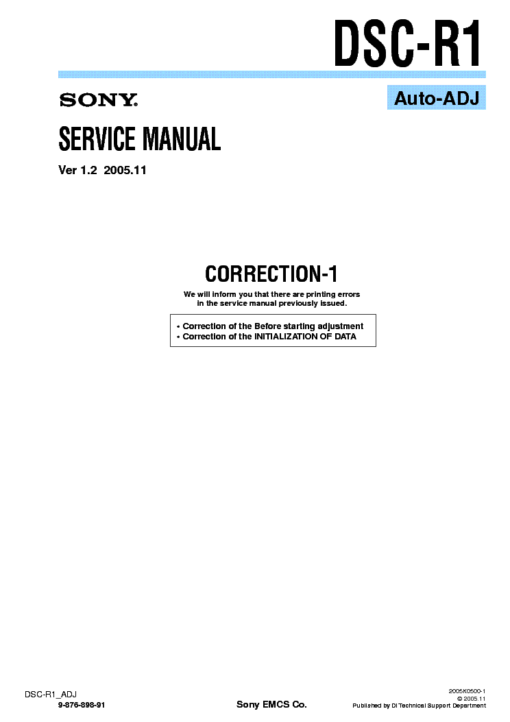 SONY DSC-R1 CORR ADJUSTMENT VER1.2 service manual