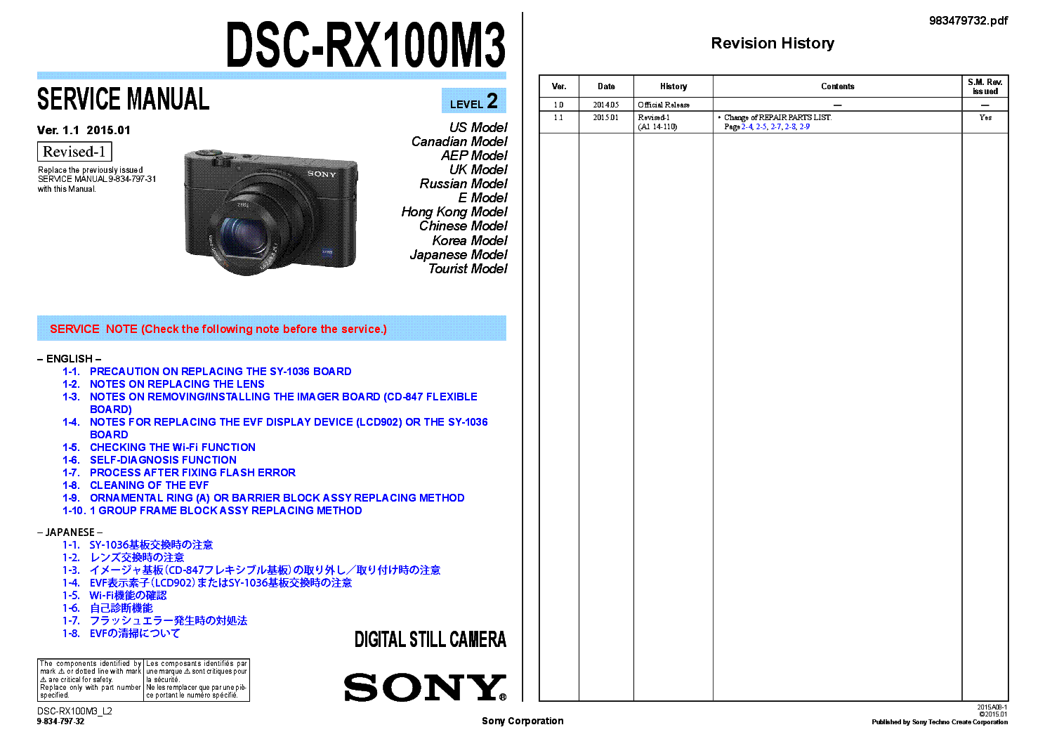 SONY DSC-RX100M3 VER.1.1 LEVEL2 service manual