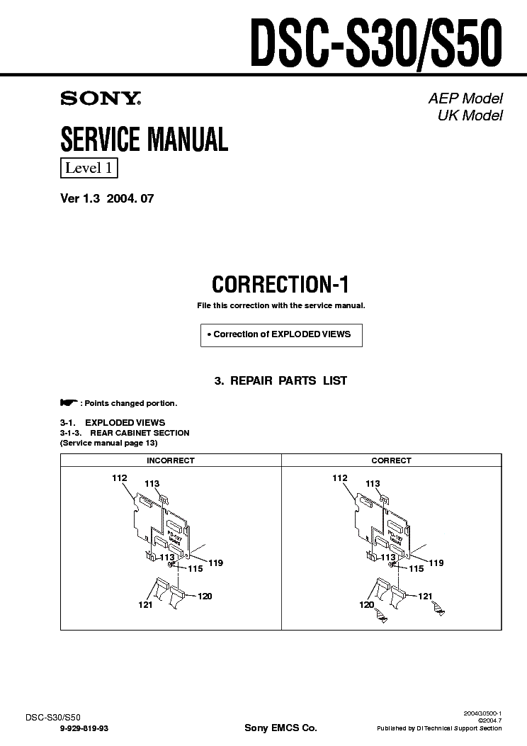 SONY DSC-S30 S50 CORR LEVEL-1 VER-1.3 service manual (1st page)