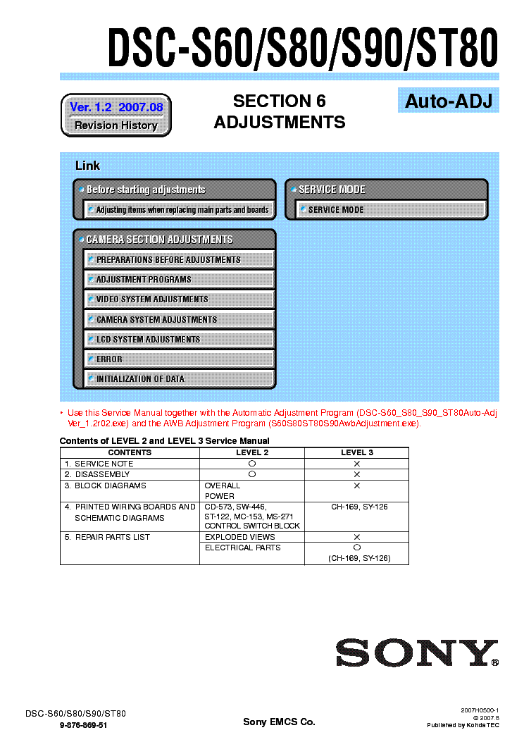 SONY DSC-S60 S80 S90 ST80 ADJUSTMENT VER-1.2 service manual