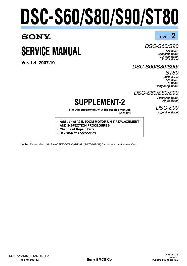 SONY DSC-S60 S80 S90 ST80 SUPP LEVEL-2 VER-1.4 service manual