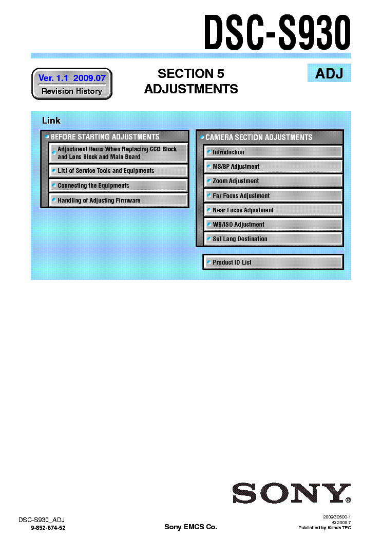 SONY DSC-S930 ADJUSTMENT VER-1.1 service manual