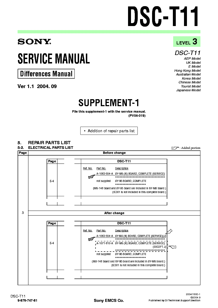 SONY DSC-T11 SUPP LEVEL-3 VER-1.1 service manual (1st page)