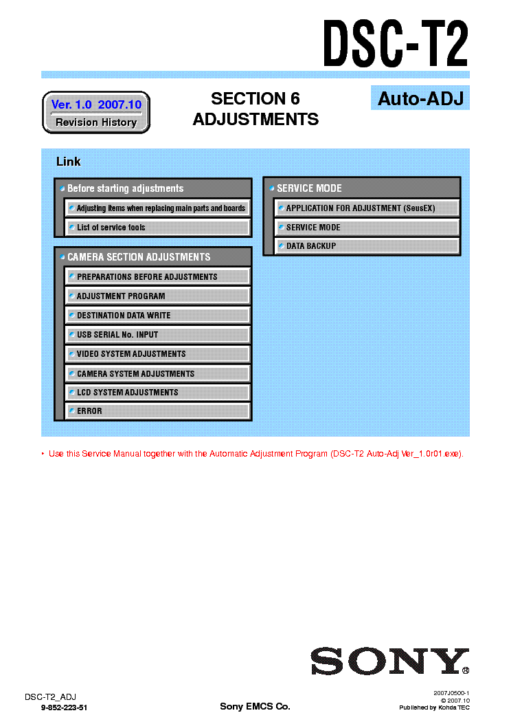 SONY DSC-T2 ADJUSTMENT VER-1.0 service manual