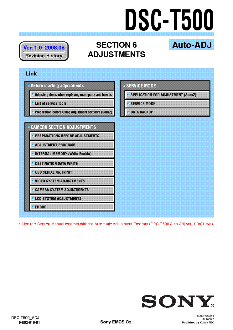SONY DSC-T500 VER-1.0 ADJUSTMENT service manual