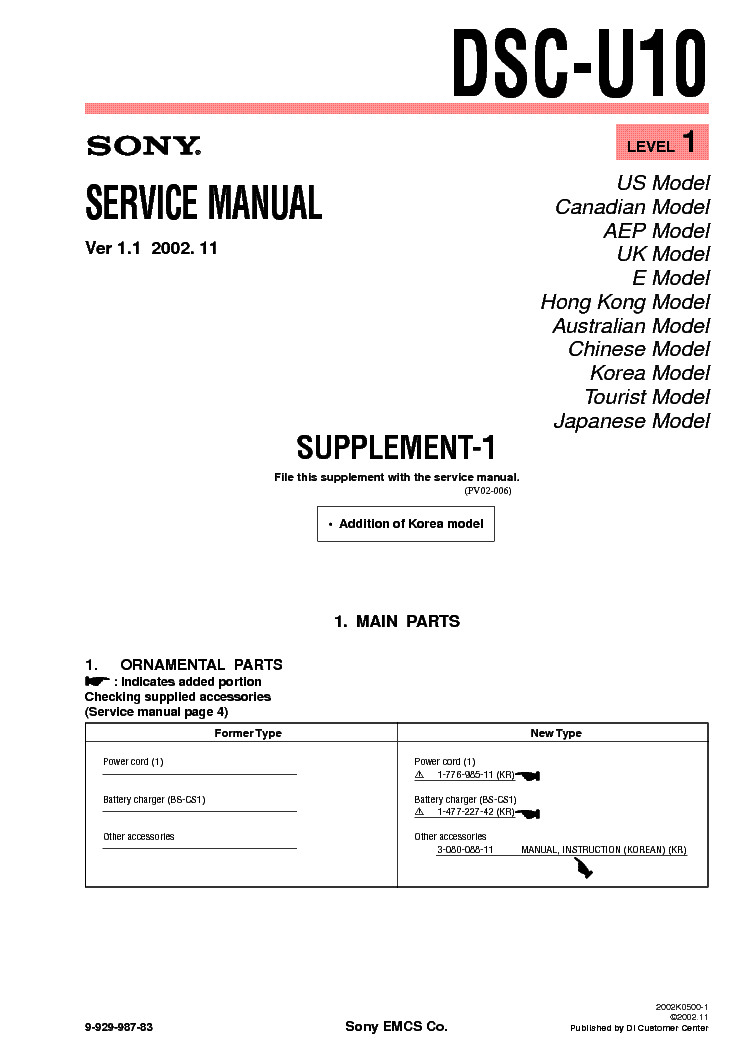 SONY DSC-U10 SUPP LEVEL1 VER1.1 service manual