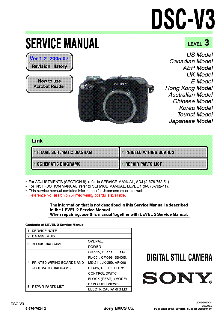 SONY DSC-V3 LEVEL3 VER1.2 SM service manual (1st page)