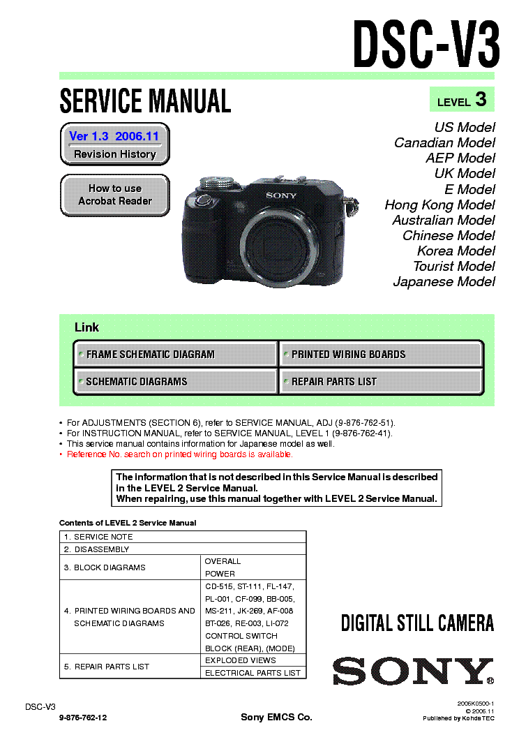 SONY DSC-V3 LEVEL3 VER1.3 SM service manual (1st page)