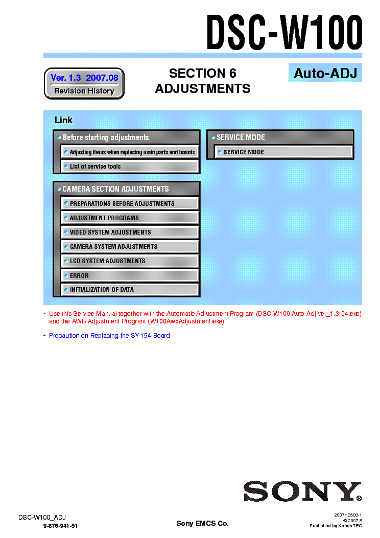 SONY DSC-W100 ADJUSTMENT VER1.3 service manual