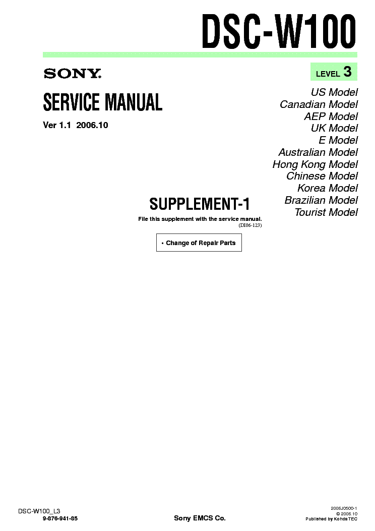 SONY DSC-W100 SUPP LEVEL3 VER1.1 service manual