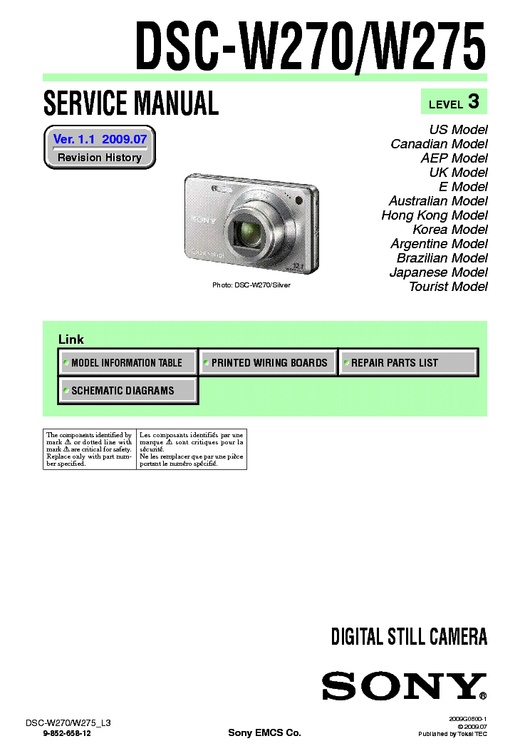 SONY DSC-W270 W275 LEVEL3 VER1.1 SM service manual