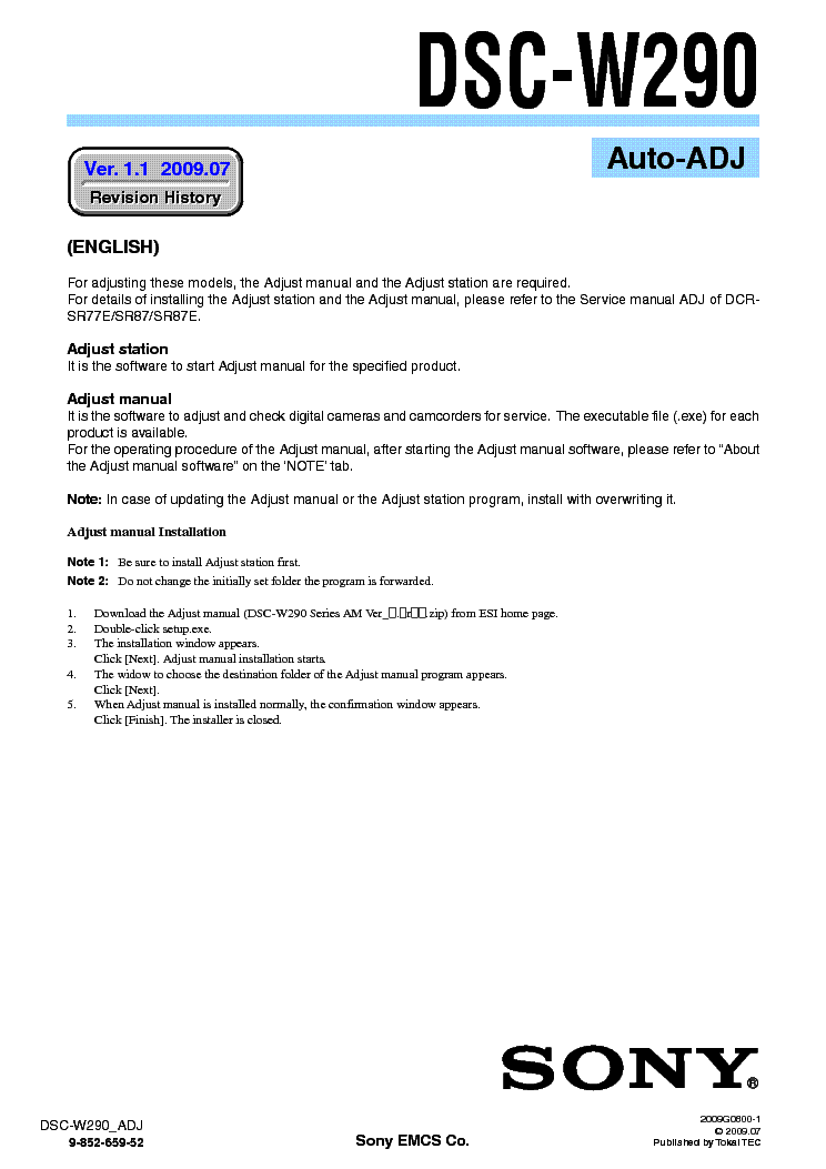 SONY DSC-W290 ADJUSTMENT VER1.1 service manual