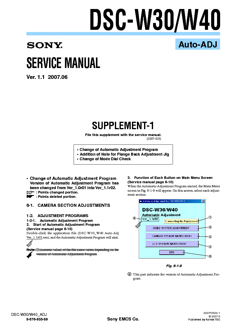 SONY DSC-W30 W40 SUPP ADJUSTMENT VER1.1 service manual