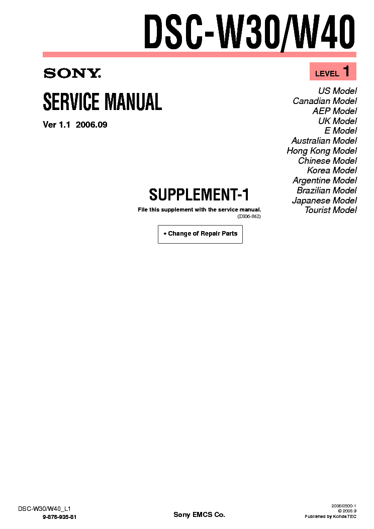 SONY DSC-W30 W40 SUPP LEVEL1 VER1.1 service manual
