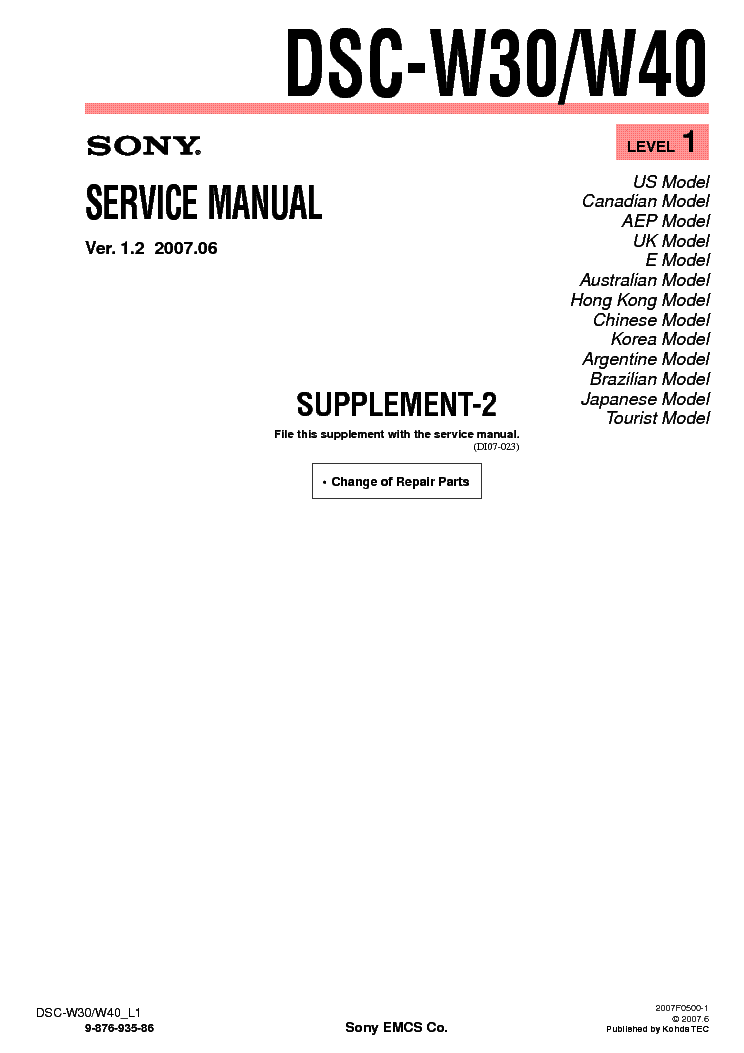 SONY DSC-W30 W40 SUPP LEVEL1 VER1.2 service manual