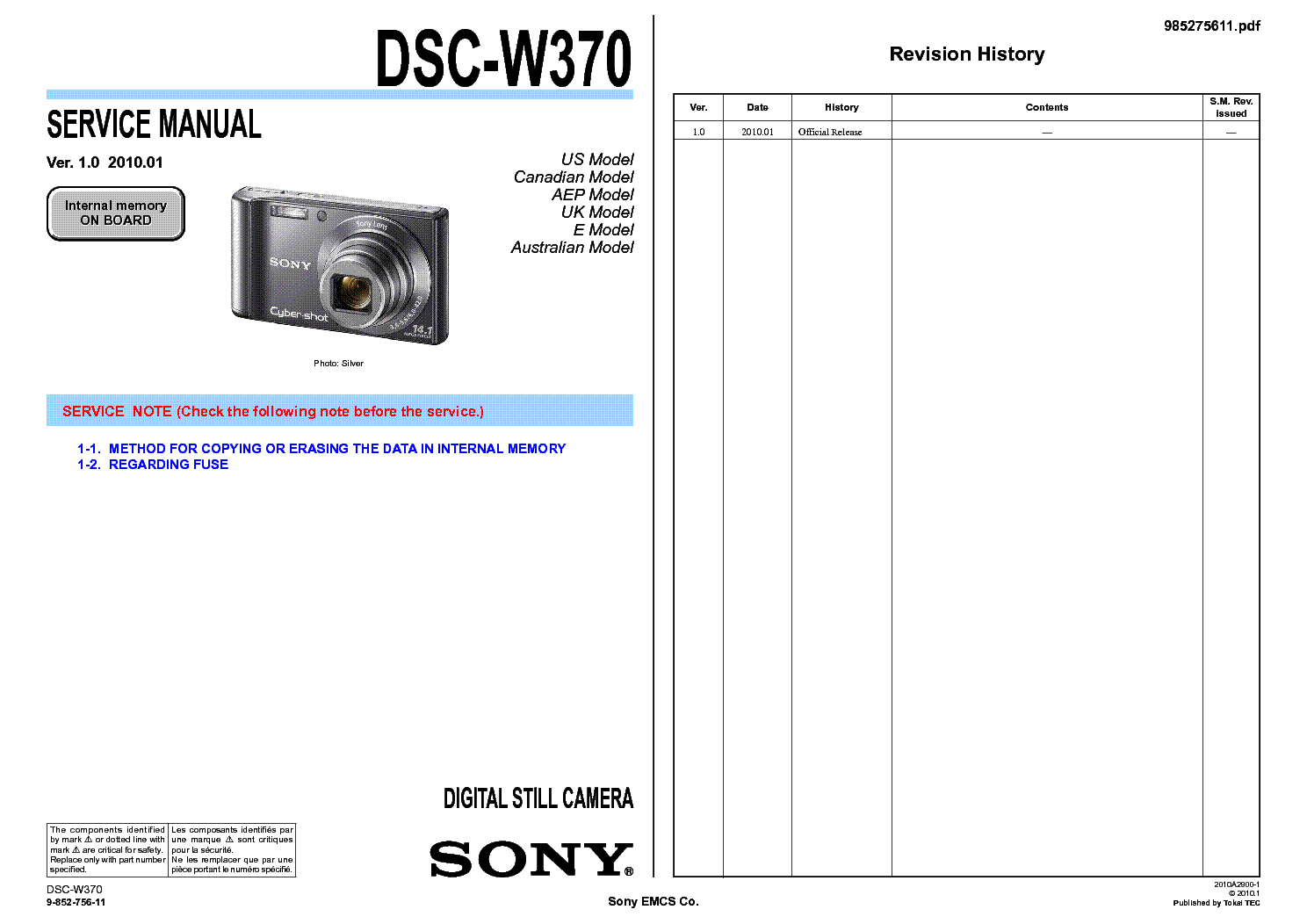 SONY DSC-W370 VER-1.0 SM service manual